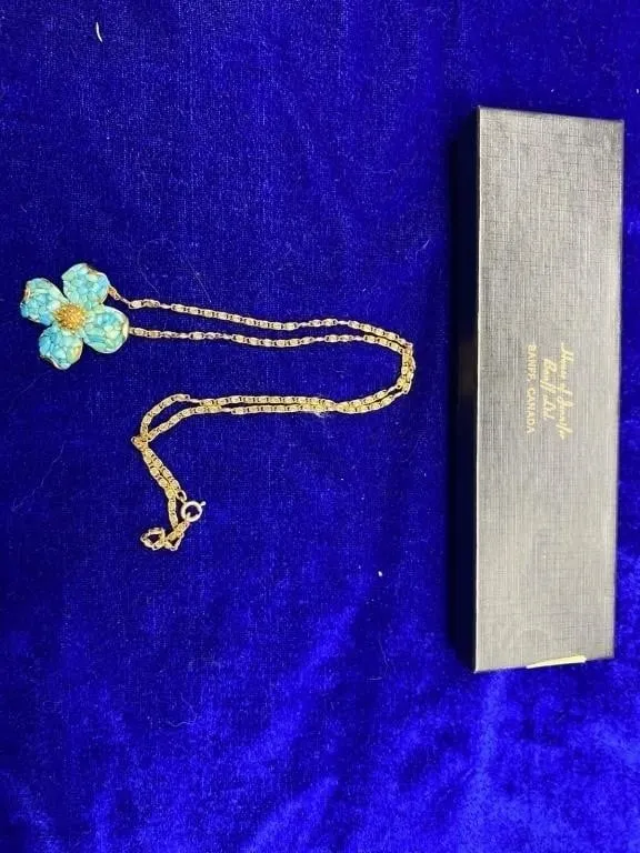 Turquoise-Colored Glass Flower Pendant Necklace