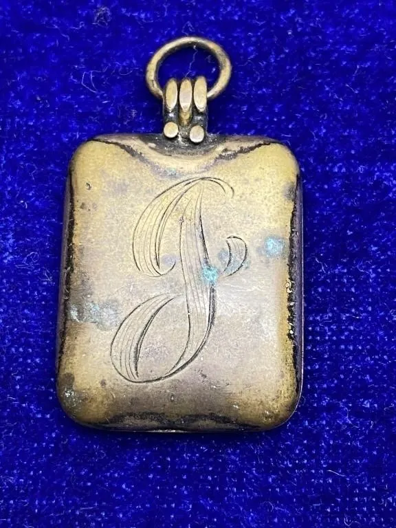Antique Brass Locket Fob Pendant with Engraved