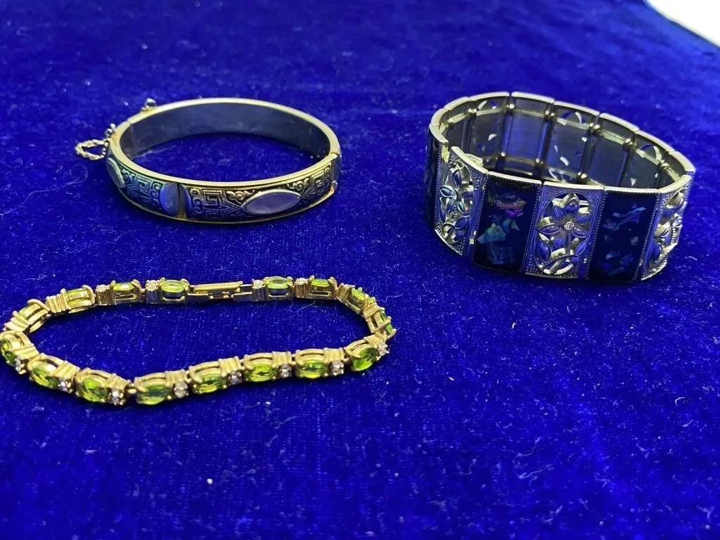 Three Bracelets Enamel Bangle, Gemstone & Abalone