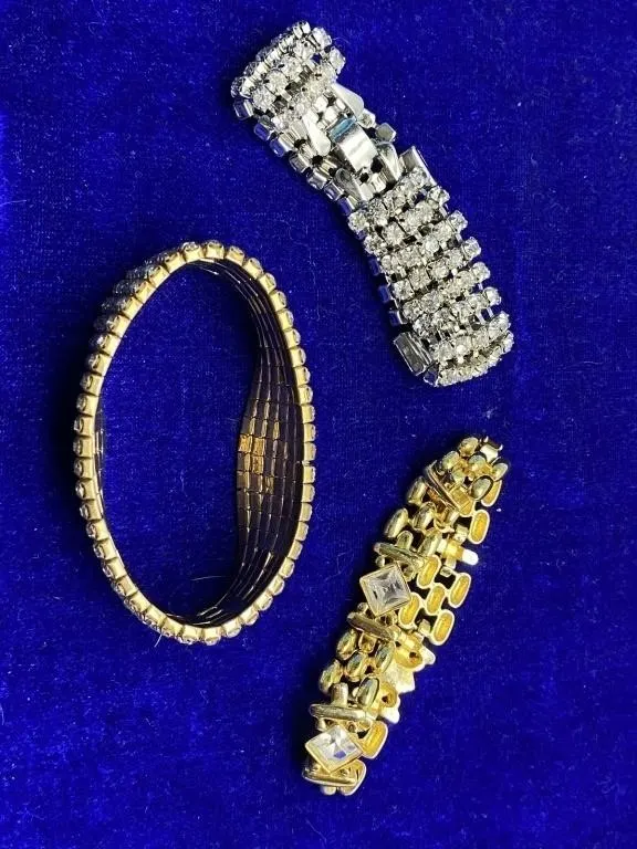 Three Rhinestone Bracelets - Silver and Gold Tone
