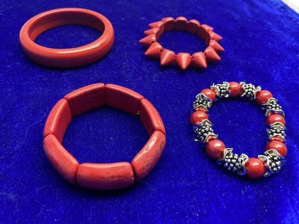 Group of 4 Red Beaded and Bangle Bracelets
