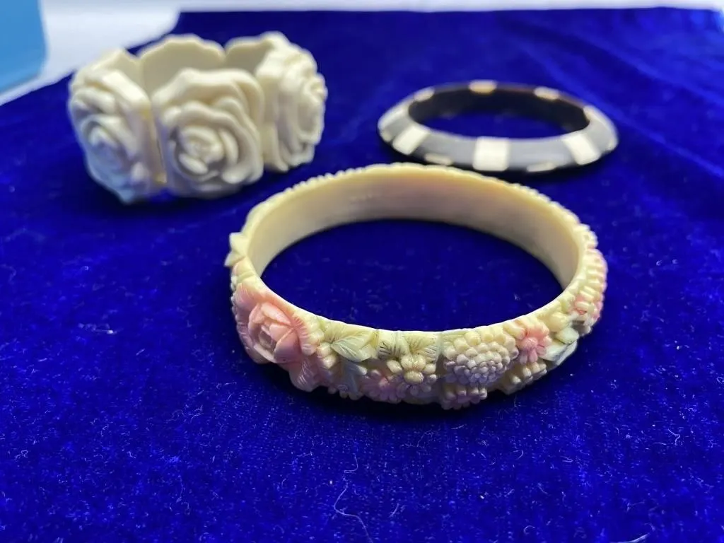 Three Carved Celluloid Bangle Bracelets, Floral