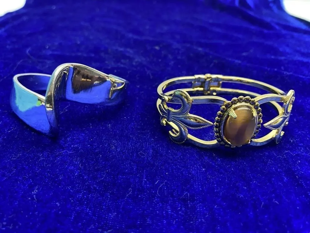 Two Costume Bangle Bracelets, Tiger's Eye Cabochon