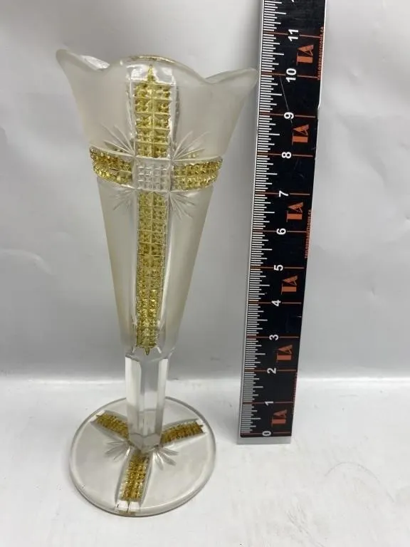 Crystal Trumpet Vase with Gold Cross Design