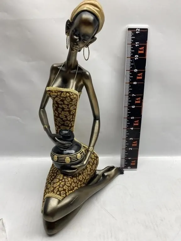 Resin African Woman Figurine Holding Vase