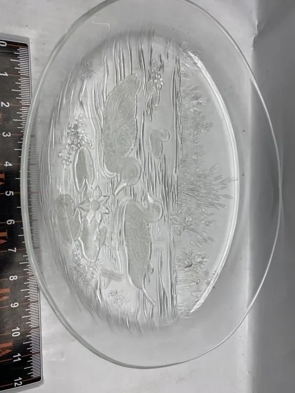Frosted Glass Platter with Floral & Bird Design