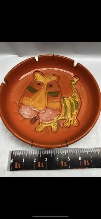 Orange Ceramic Cat Ashtray with Wall Hanger