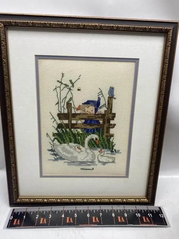 Framed Hummel Cross-Stitch Swan and Boy at Fence