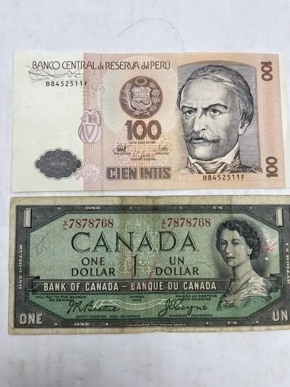 Banknotes Peru 100 Intis and Canada 1 Dollar 1954