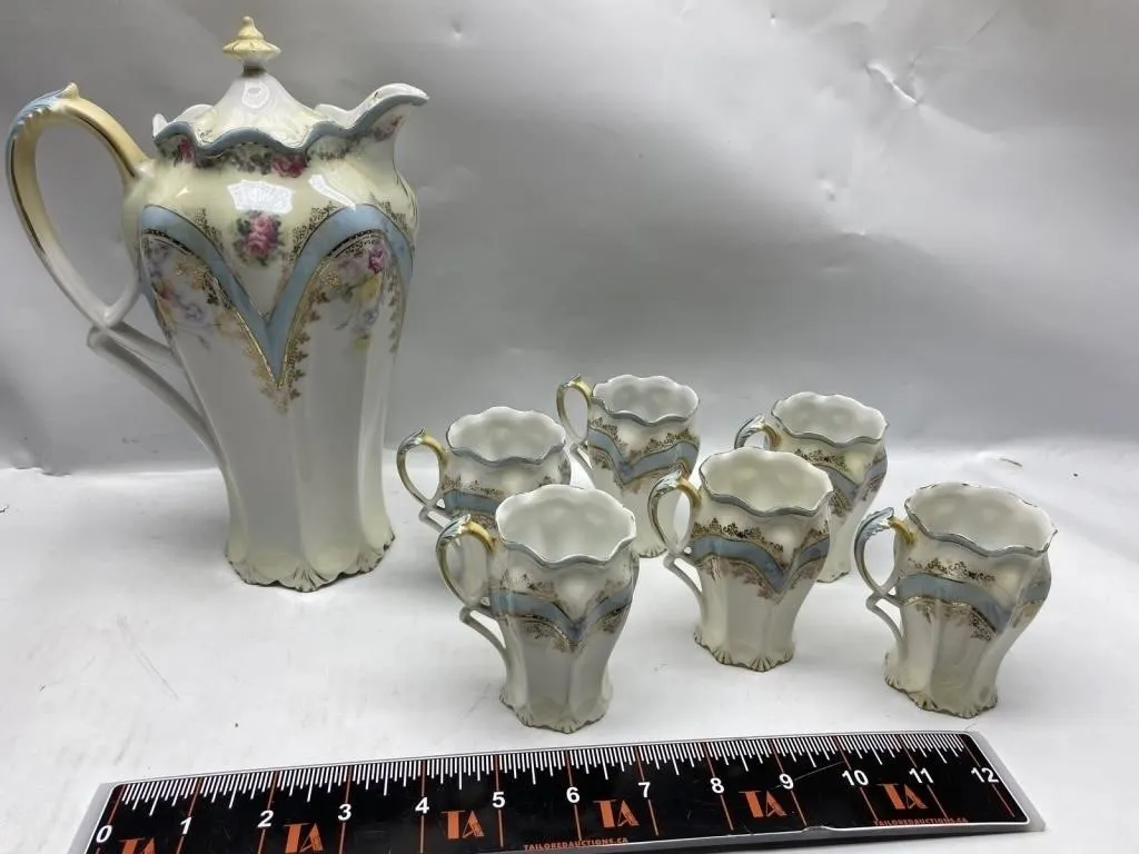Floral Porcelain Chocolate Pot with 6 Cups