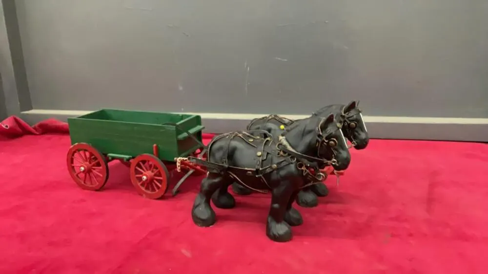 PLASTER HORSES W/ WOOD WAGON