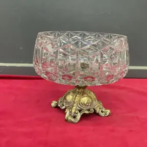 VINTAGE PEDESTAL CRYSTAL BOWL W/ BRASS BASE