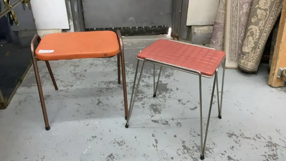 (2). VINTAGE MISMATCHED STACKING STOOLS