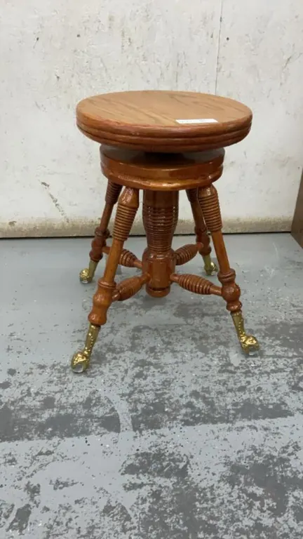 ANTIQUE PIANO STOOL W/ BRASS LEGS, GLASS BALL FEET