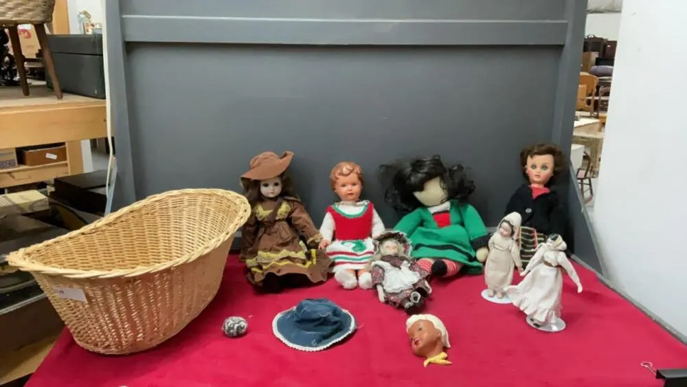 VINTAGE DOLLS IN WICKER BASKET