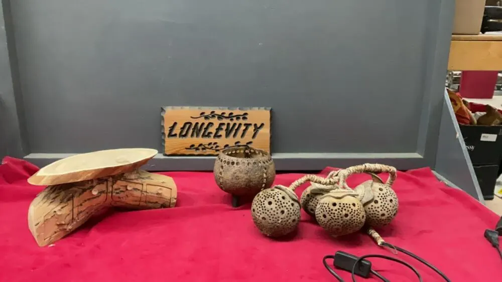 HANDCRAFTED ITEMS - COCONUT LIGHT, & BOWL, CARVED “LONGEVITY” WOOD SIGN, AND WOOD TRINKET HOLDER W/ SHELF