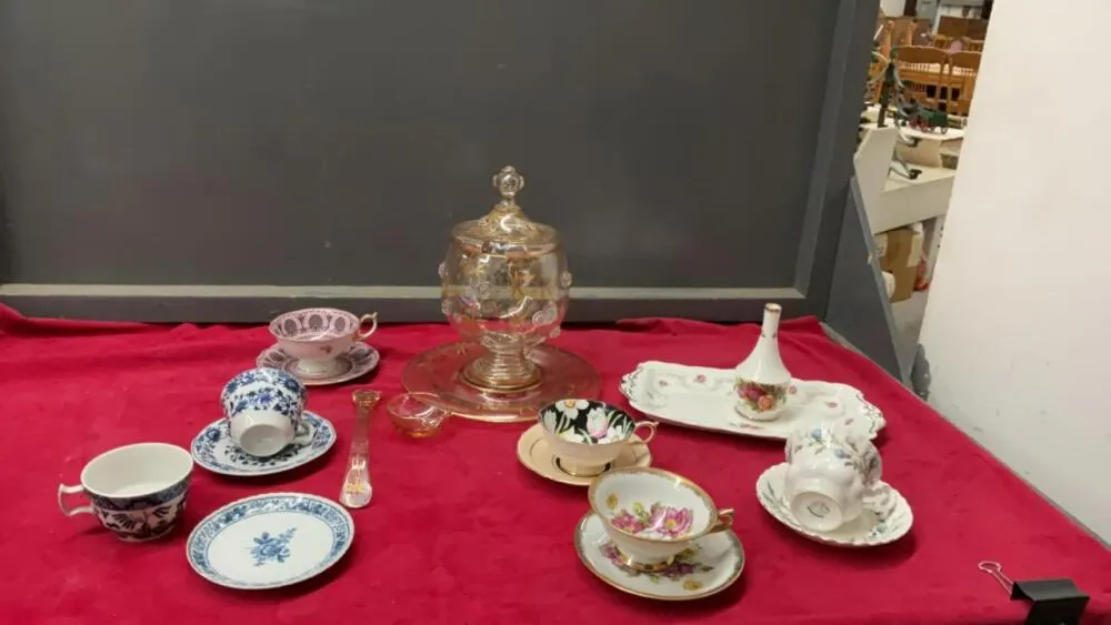 (2) BOXES W/ TEA CUPS & SAUCERS, DECORATIVE GLASS PUMCH BOWL W/ LID, ROYAL ALBERT PLATTER & SMALL VASE