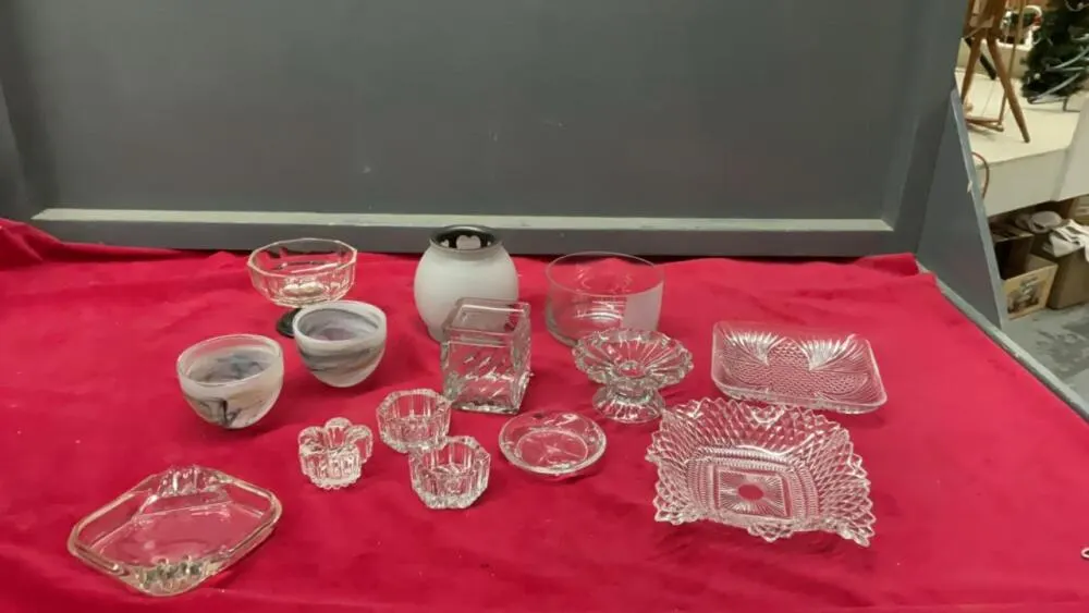 GLASS VASES, CANDLE HOLDERS, ASHTRAYS, CANDY DISHES