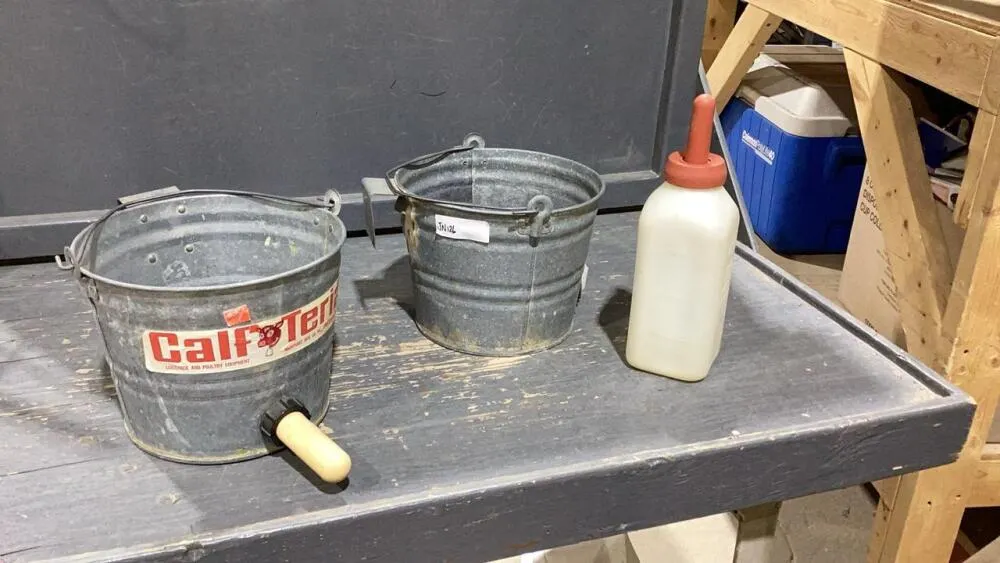 (2) CALF FEED PAILS + CALF BOTTLE