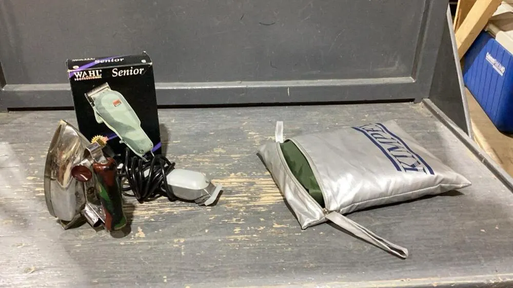 BOX W/ ANTIQUE IRON, 2 SETS OF CLIPPERS, MOTORCYCLE COVER