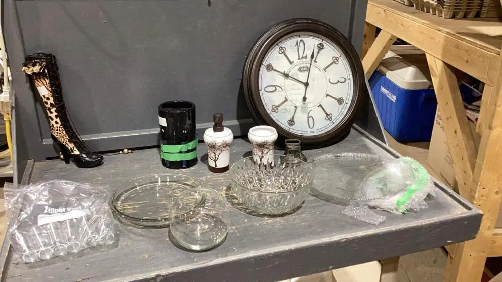 BOX W/ CLOCK, BOOT BANK, GLASS TRAY, BELL, COIN SORTER, SWISS BELL