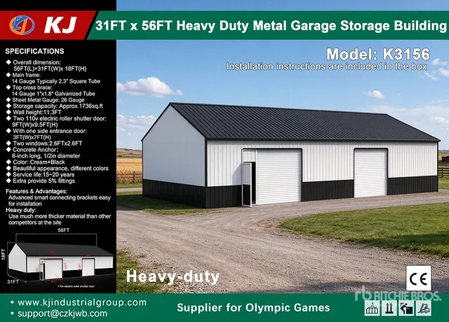 2026 KJ K3156 31 ft x 56 ft Heavy Duty Metal Garage Storage Building (Unused)