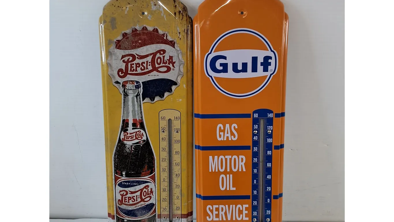 Pepsi-Cola and Gulf Gas/Motor Oil/Service MetalWall Mounted Thermometers