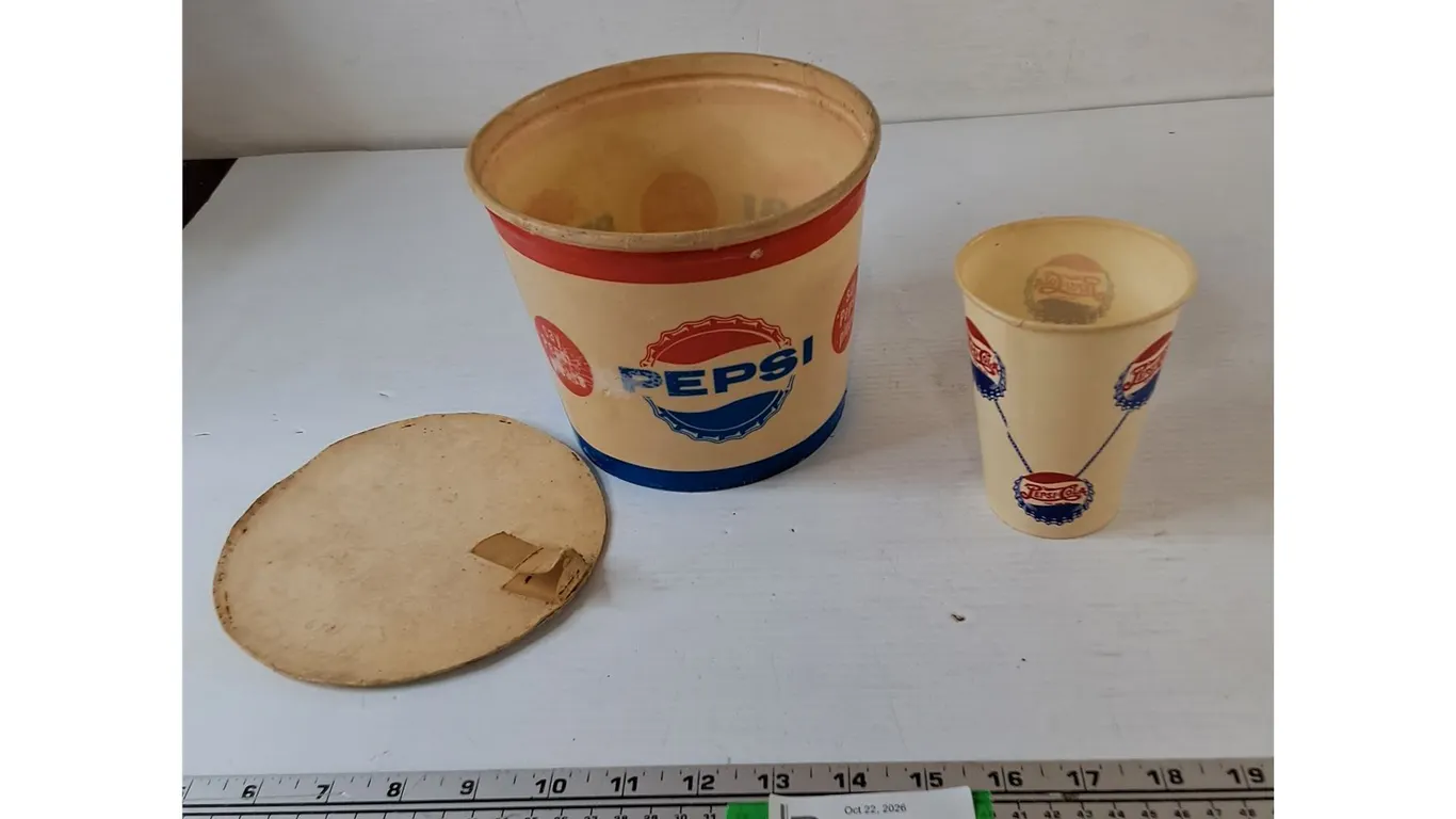Pepsi Paperboard Bucket with Lid and Pepsi-Cola Paper Drink Cup As-Is