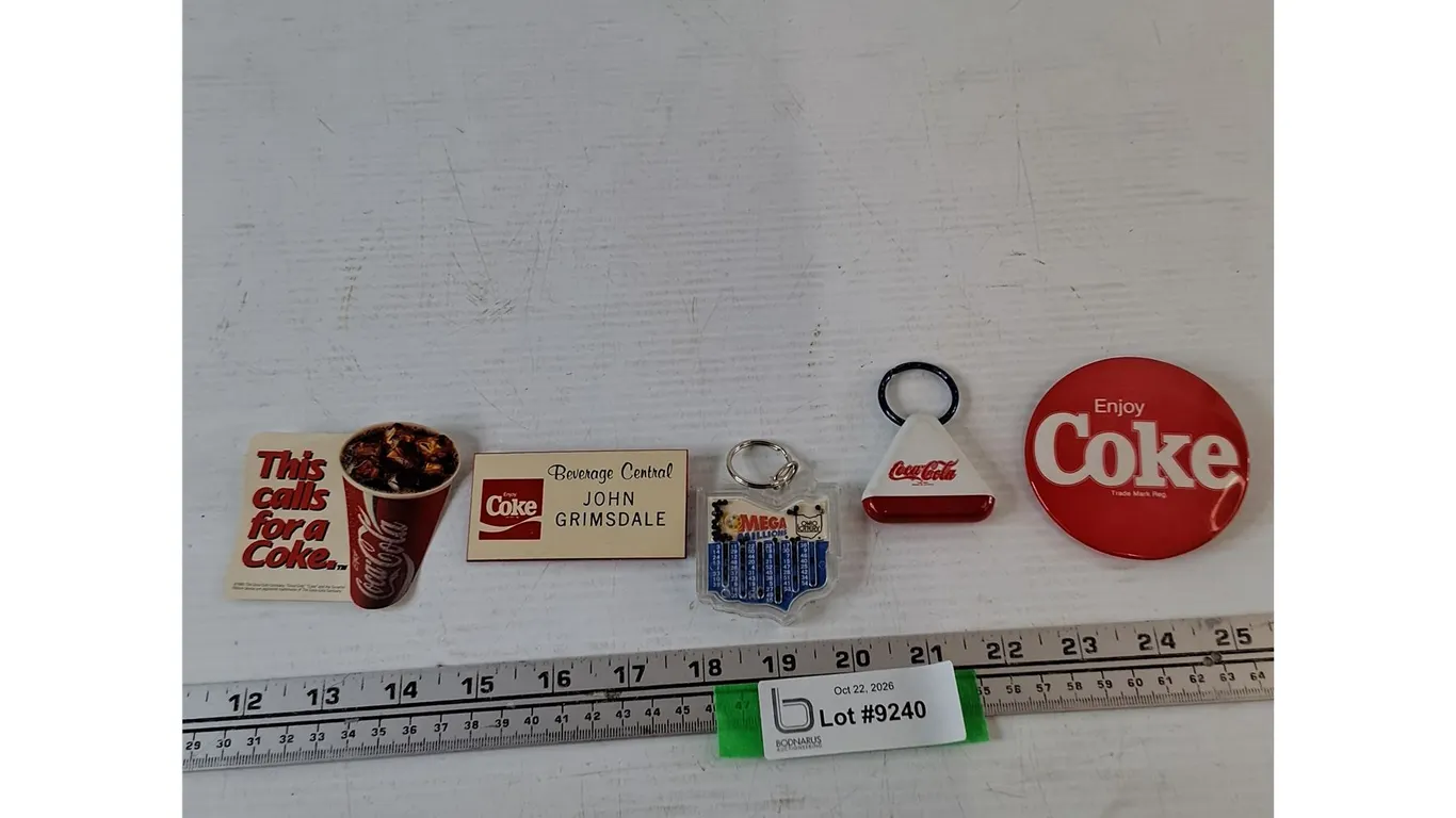 Ohio Lottery Keychain, (2) Coca-Cola Pins, (1) Coca-Cola Keychain, (1) Employee Badge