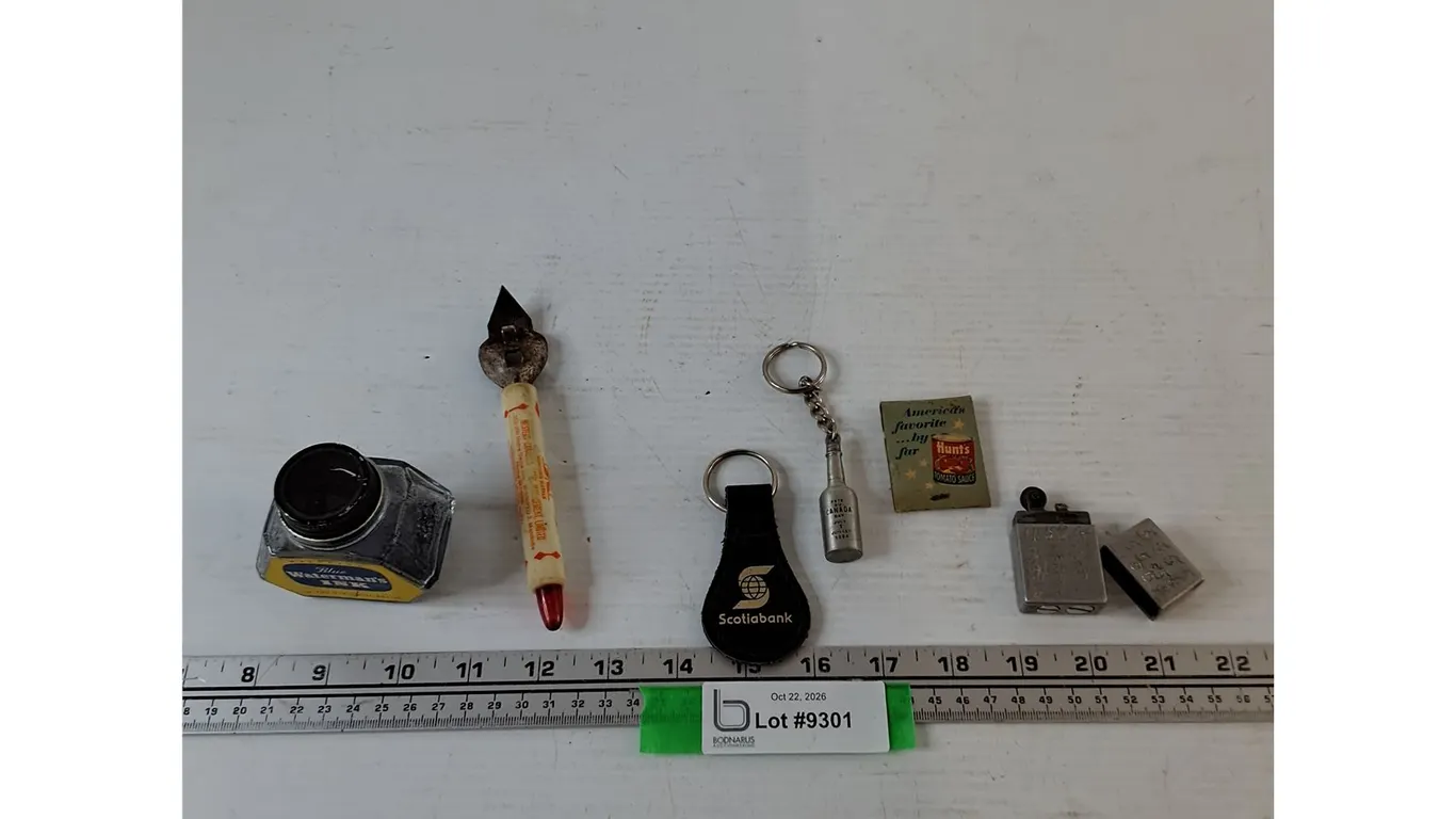 Empty Ink Vial, Bottle/Can Opener, Scotiabank & Canada Day Keychain, Matchbox and Lighter As-Is