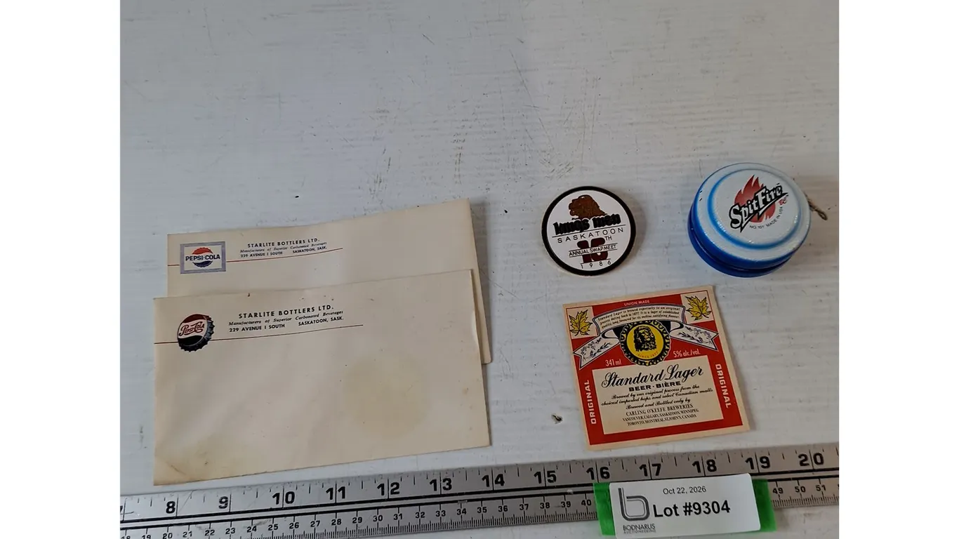 (2) Pepsi-Cola Envelopes, Standard Lager Beer Cover, King's Men Pin 1986, Spitfire Wooden Yoyo Works