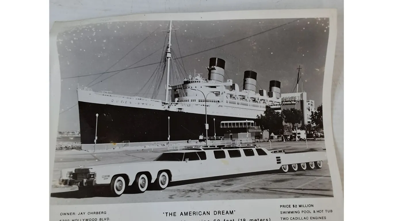 World's Longest Limo Beside Queen Mary Ship Picture, Texaco Metal Sign