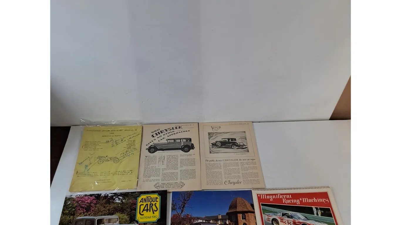 (3) Car Calenders '82, 89, 90 Antique Auto Member Roster '69 (2) Chrysler Literary Digest Pages 1928