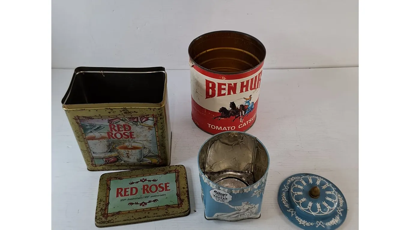 (3) Tin Canisters, Red Rose Tea, Riley's Variety Toffee, Ben Hur Tomato Catsup