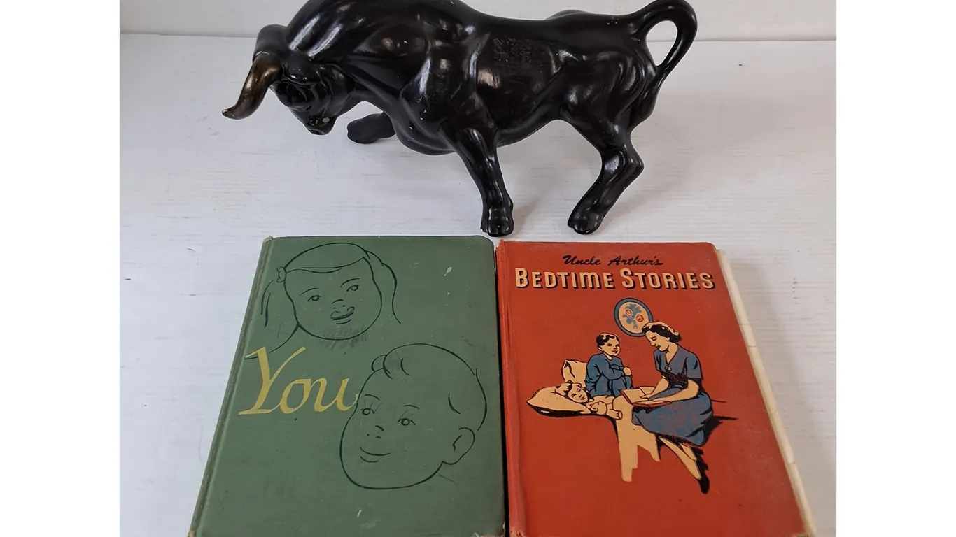 Bull Ceramic Statue, (2) Books, You and Uncle Arthur's Bedtime Stories