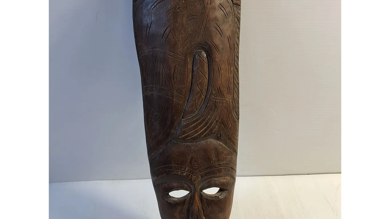 Elongated Hand-Carved Wooden Tribal Wall Mask-24" Long
