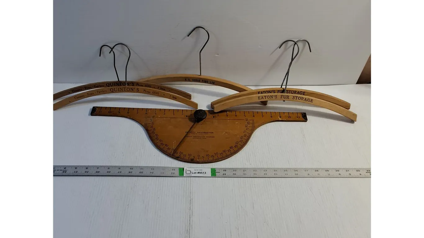 Vintage Gravity Protractor and Angle Finder,(5) Vintage Fur Coat Hangers