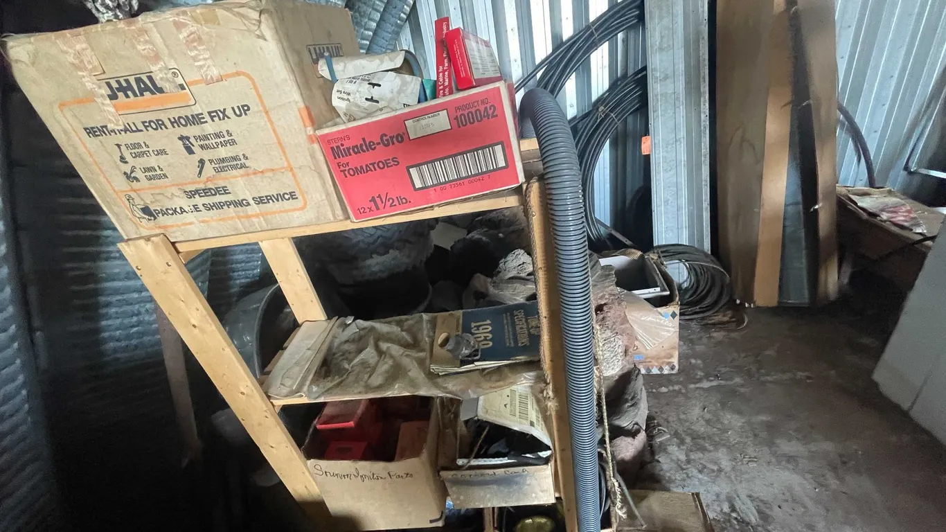 Wooden Shelving Unit with Contents