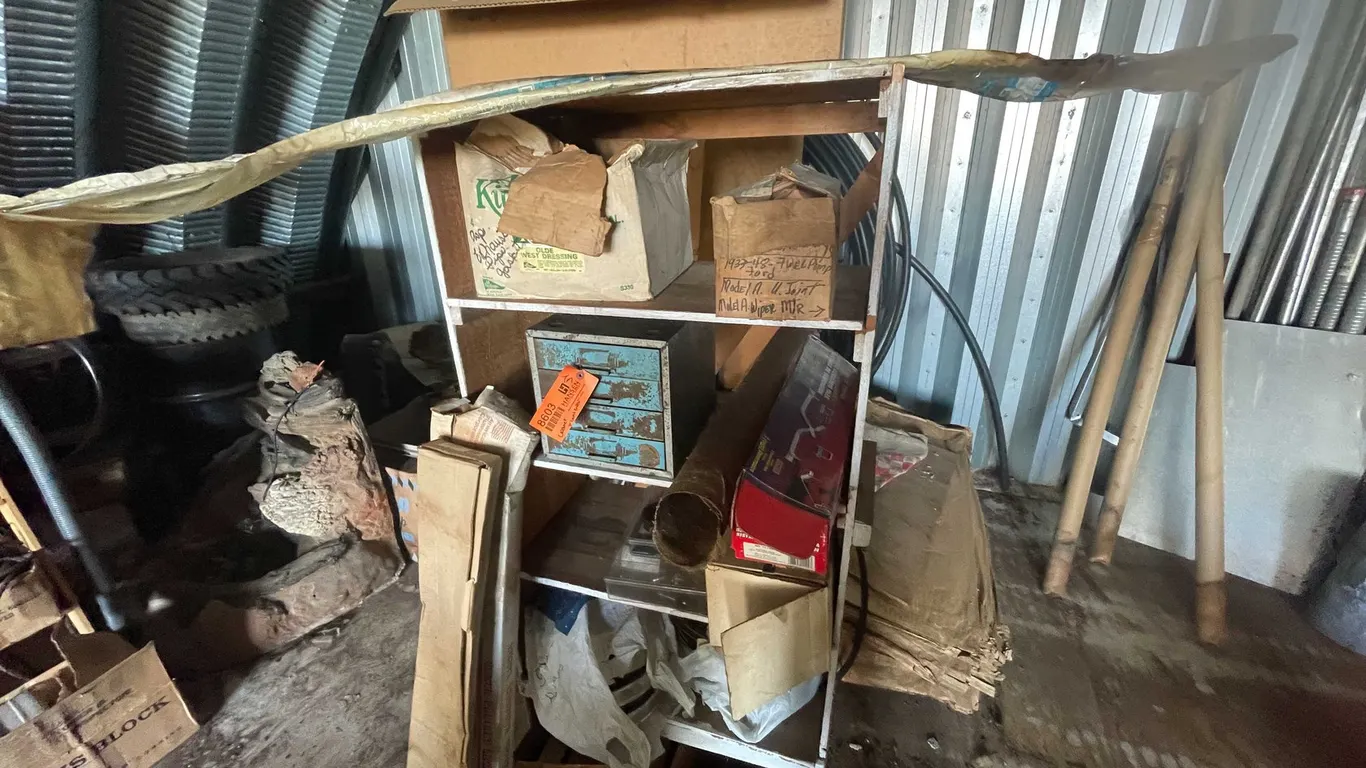 Wooden Shelving Unit with Contents