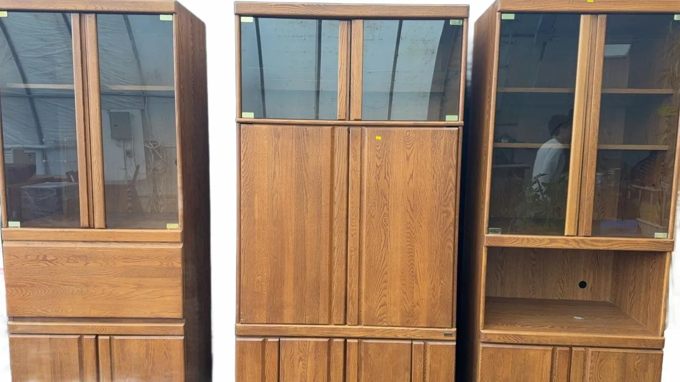 Three-Piece Oak Veneer Wall Unit with Glass Doors and Shelves
