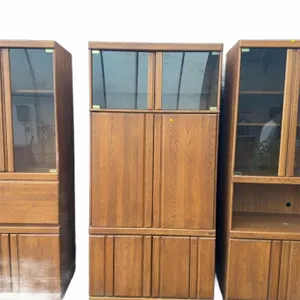 Three-Piece Oak Veneer Wall Unit with Glass Doors and Shelves