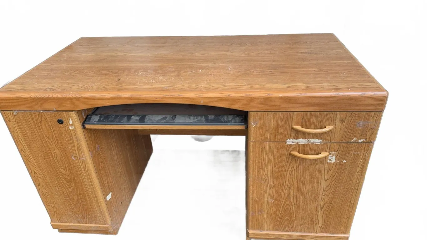 L-Shaped Wood Veneer Office Desk with Drawers and Cabinet
