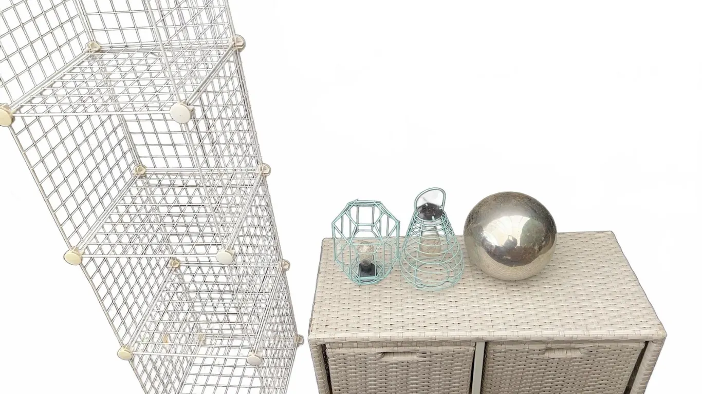 Storage Lot: Wicker Bench with Baskets, Wire Shelf, 2 Blue Metal Lanterns