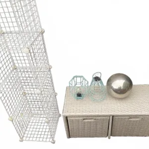 Storage Lot: Wicker Bench with Baskets, Wire Shelf, 2 Blue Metal Lanterns