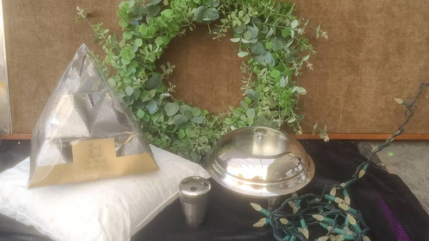Home Decor Lot: Wreath, 12 Pyramid Crackers, Pillow, Chafing Dish, Aquatico, Lights