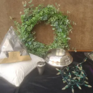 Home Decor Lot: Wreath, 12 Pyramid Crackers, Pillow, Chafing Dish, Aquatico, Lights