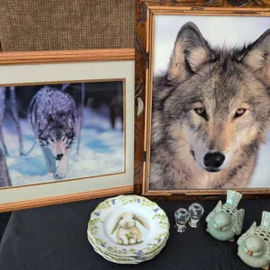 Decorative Lot: Abbott China Bird Figurines, Framed Wolf Prints and More