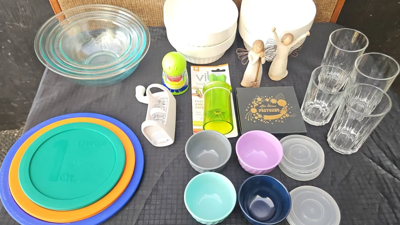 Pyrex Nesting Glass Bowls, Lidded Bowls, Drinking Glasses, Angels, Tools