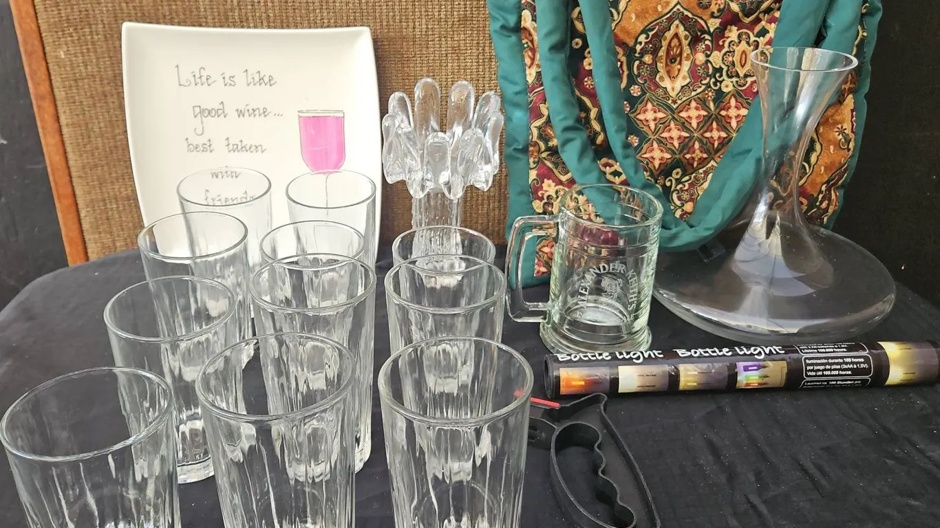 Drinkware Lot with Glasses, Pitcher, Plate, Stein, Tote Bag, and Bottle Light