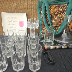 Drinkware Lot with Glasses, Pitcher, Plate, Stein, Tote Bag, and Bottle Light
